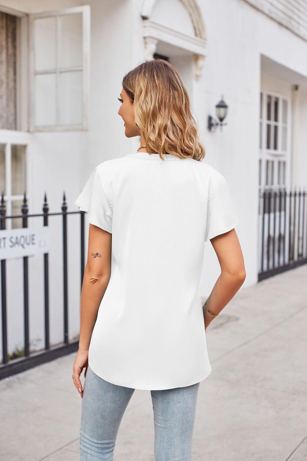 Notched Neck Flutter Sleeve Satin Top (5 Colors)