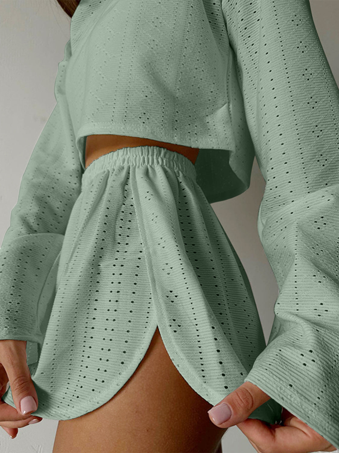 Outfit Set - Eyelet Round Neck Top and Shorts Set (7 Colors up to 2XL)
