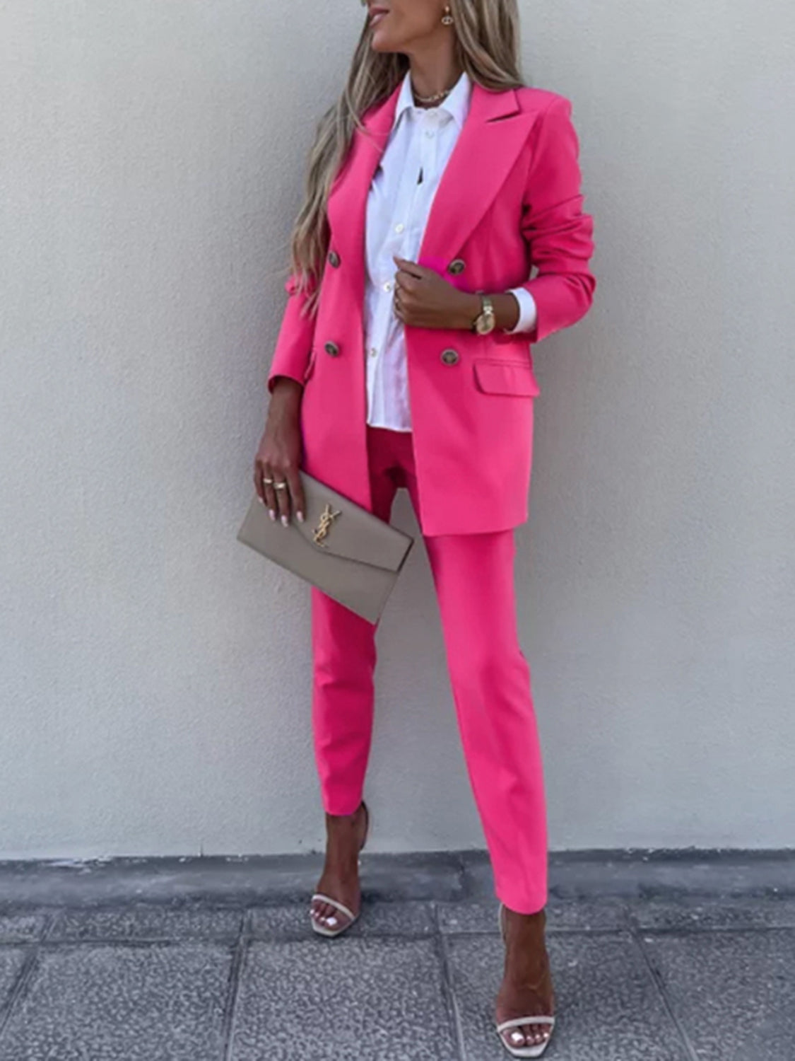Lapel Collar Long Sleeve Blazer and Pants Set (7 Colors)