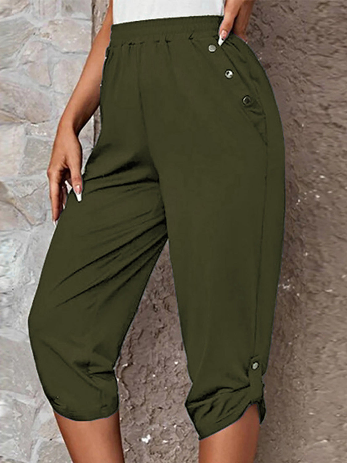 Full Size Roll-Tab Capris Pants (4 Colors)