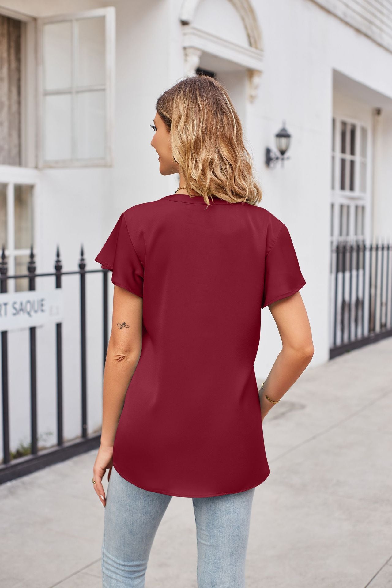 Notched Neck Flutter Sleeve Satin Top (5 Colors)