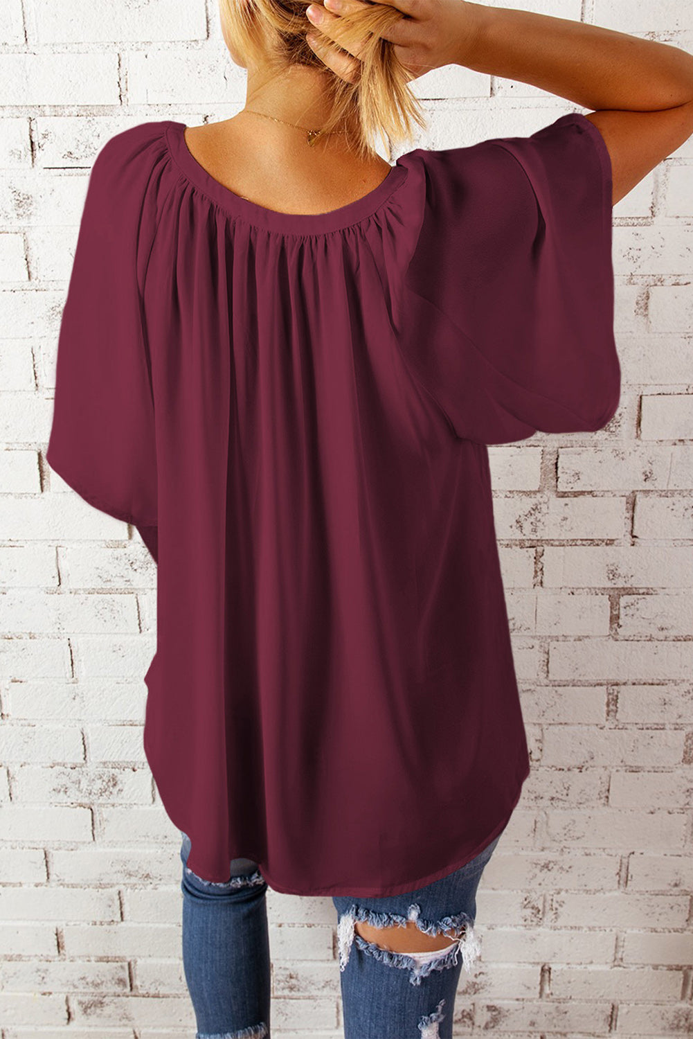 Gathered Detail Notched Neck Flutter Sleeve Top (8 Colors)
