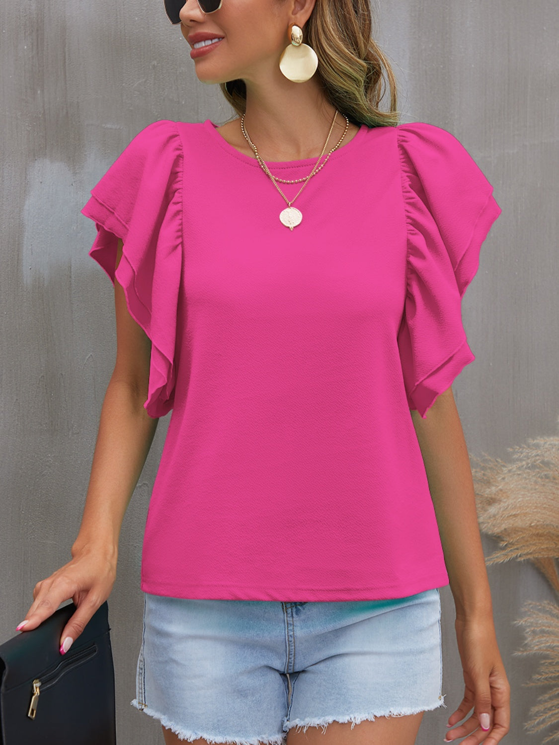 Round Neck Flounce Sleeve Blouse (7 Colors)