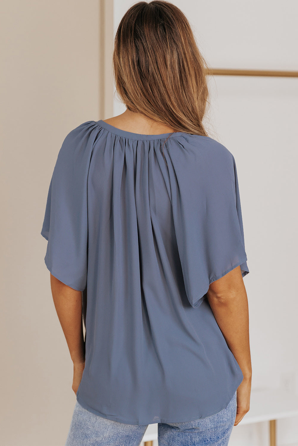 Gathered Detail Notched Neck Flutter Sleeve Top (8 Colors)