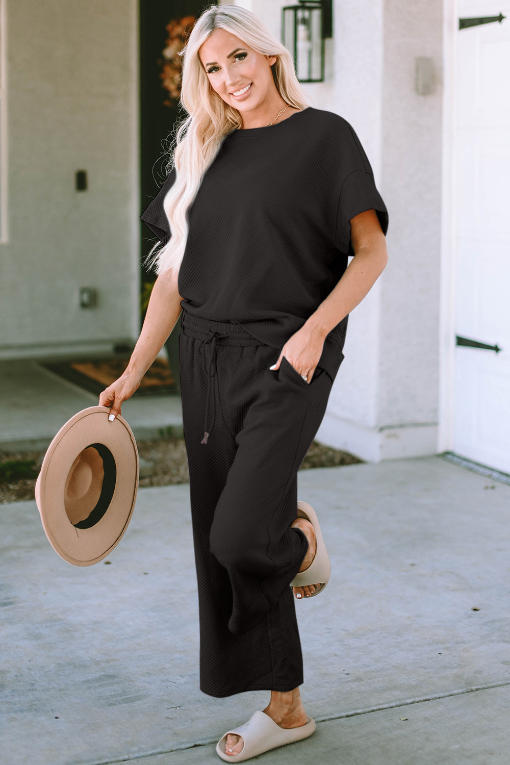 Outfit Set - Double Take Full Size Texture Short Sleeve Top and Pants Set (4 Colors)