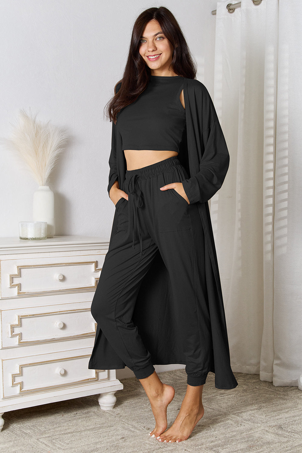 Tank, Pants, and Cardigan 3 Piece Set with Pockets (4 Colors)
