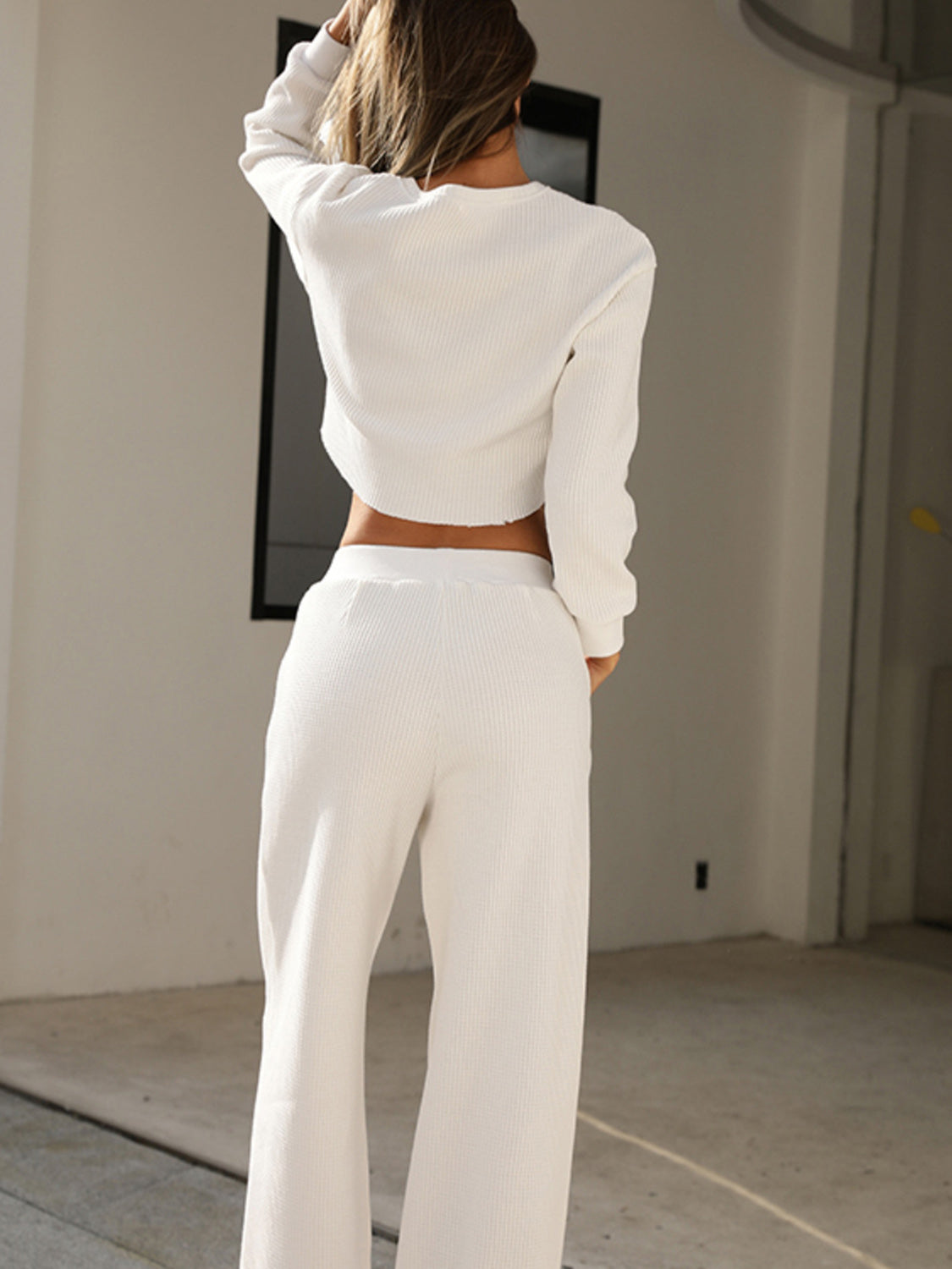 Waffle-Knit Round Neck Top and Pants Set (4 Colors)