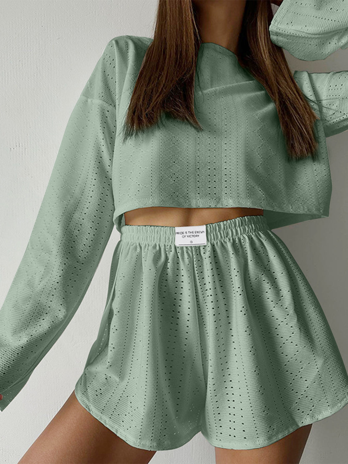 Outfit Set - Eyelet Round Neck Top and Shorts Set (7 Colors up to 2XL)