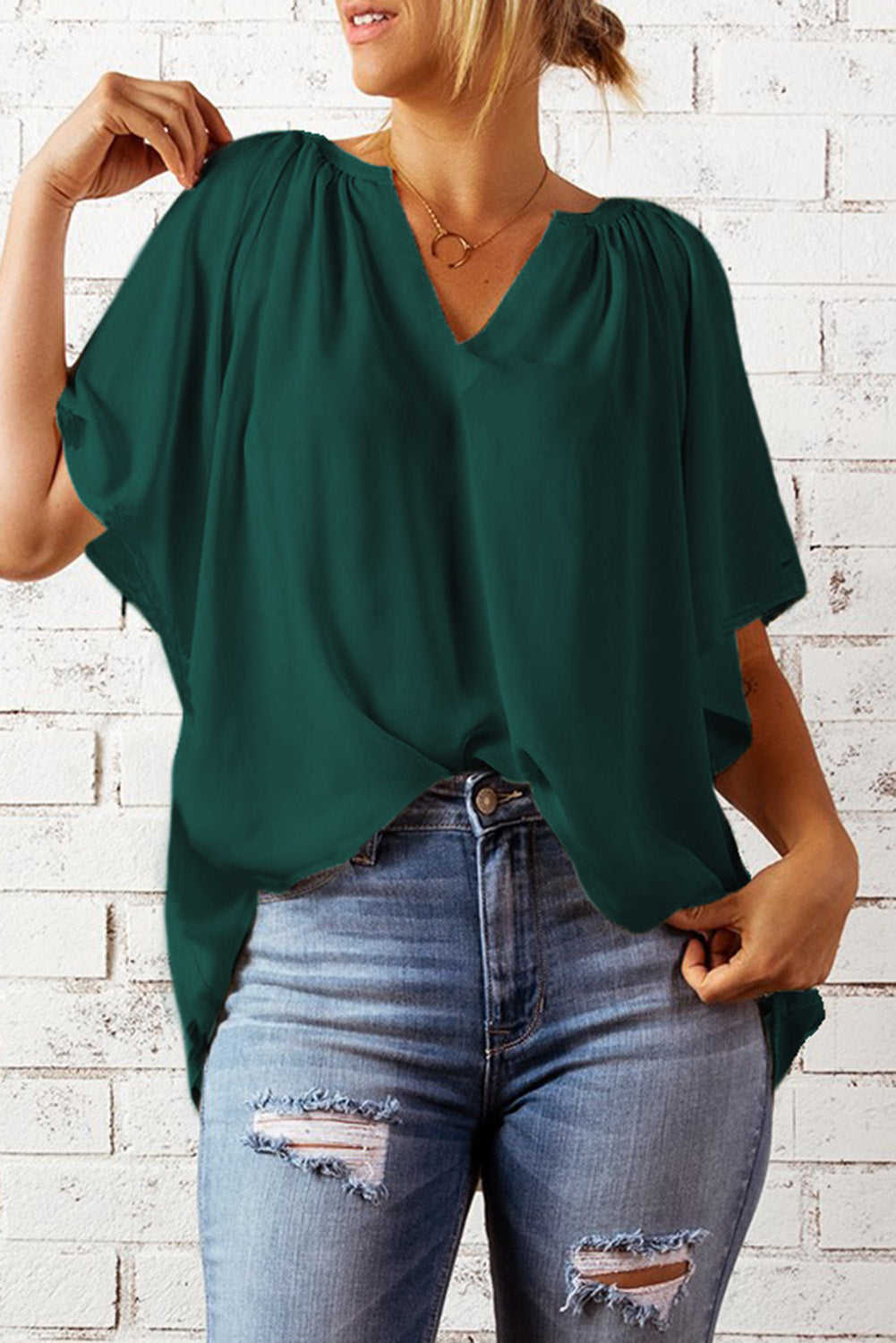 Gathered Detail Notched Neck Flutter Sleeve Top (8 Colors)