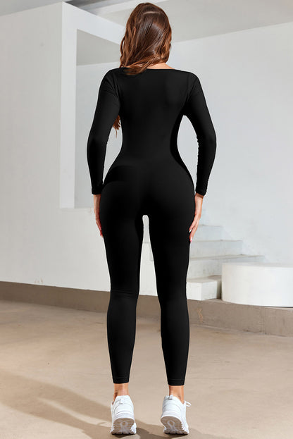 Ruched Square Neck Long Sleeve Active Jumpsuit in Black
