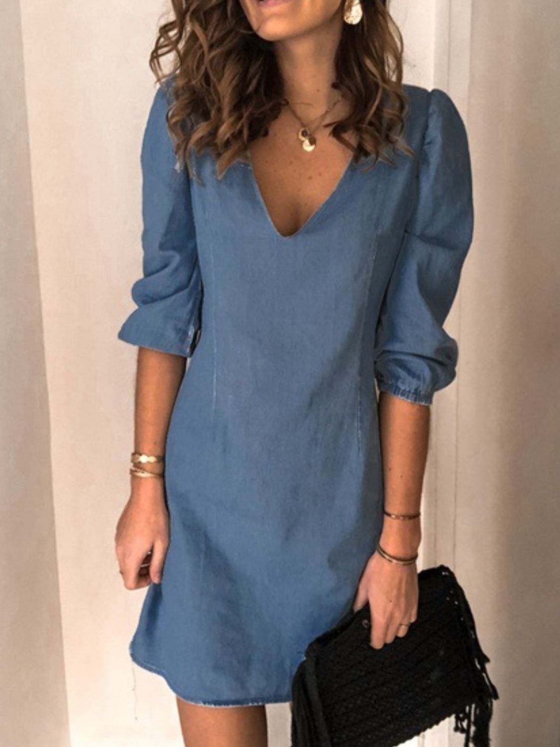 Full Size V-Neck Half Sleeve Denim Dress (4 Colors)