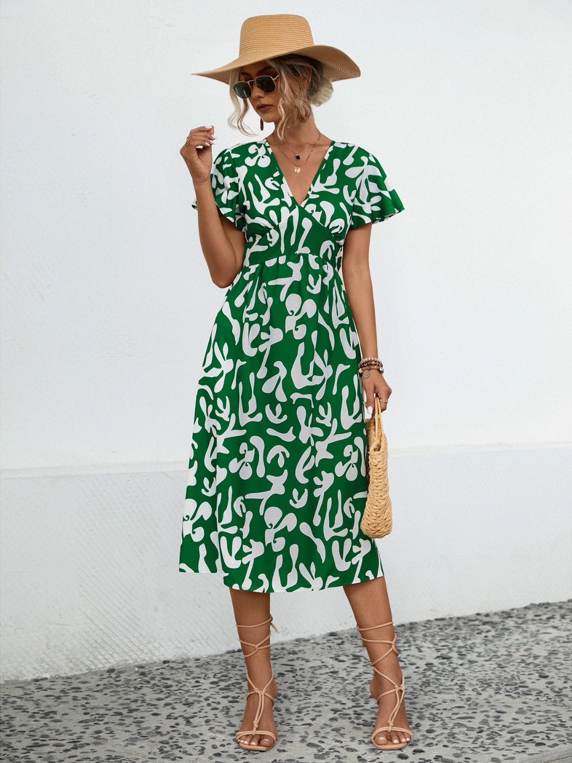 Printed V-Neck Short Sleeve Dress (3 Colors)