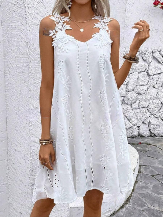 Lace Detail V-Neck Mini Dress in White