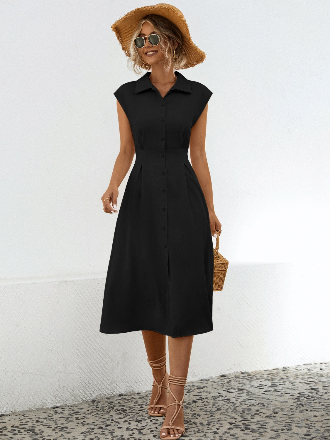 Button Up Cap Sleeve Midi Dress (2 Colors)