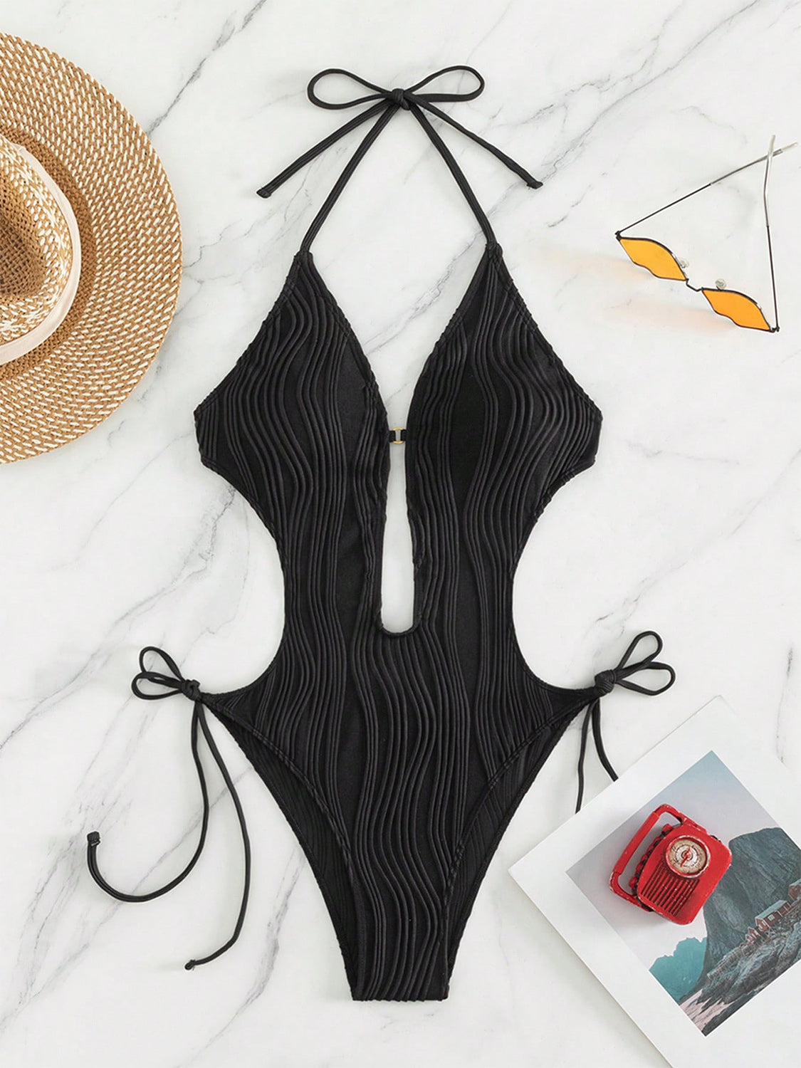 Textured Cutout Tied One-Piece Swimwear (3 Colors)
