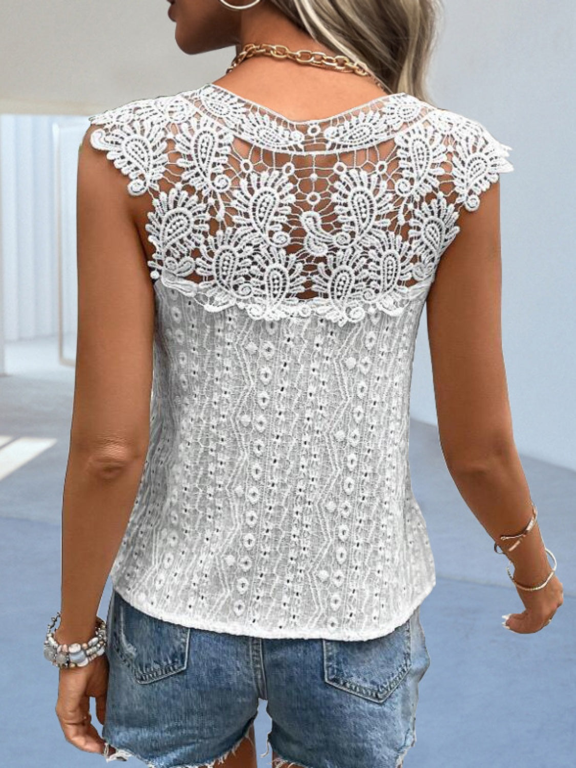 Cutout Lace Detail Notched Blouse (3 Colors)