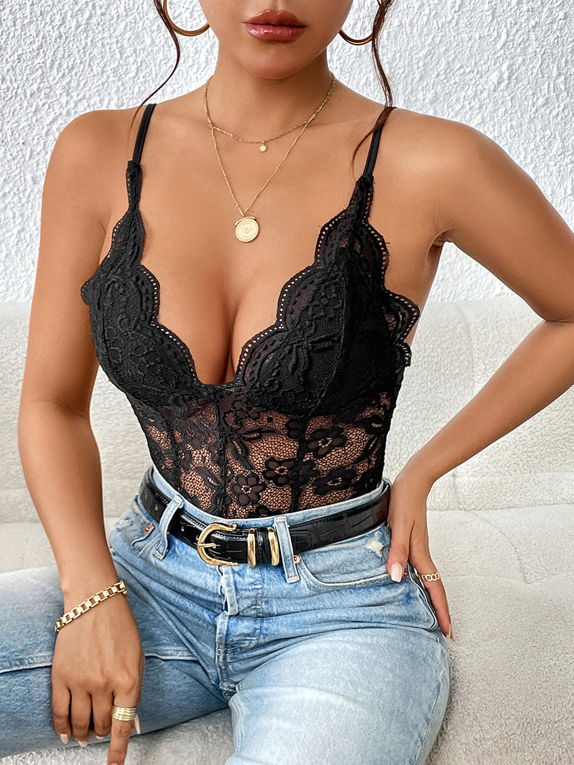 Lace V-Neck Spaghetti Strap Bodysuit in Black