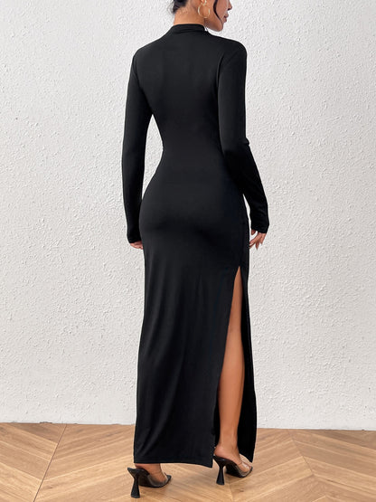 Slit Mock Neck Long Sleeve Maxi Dress in Black