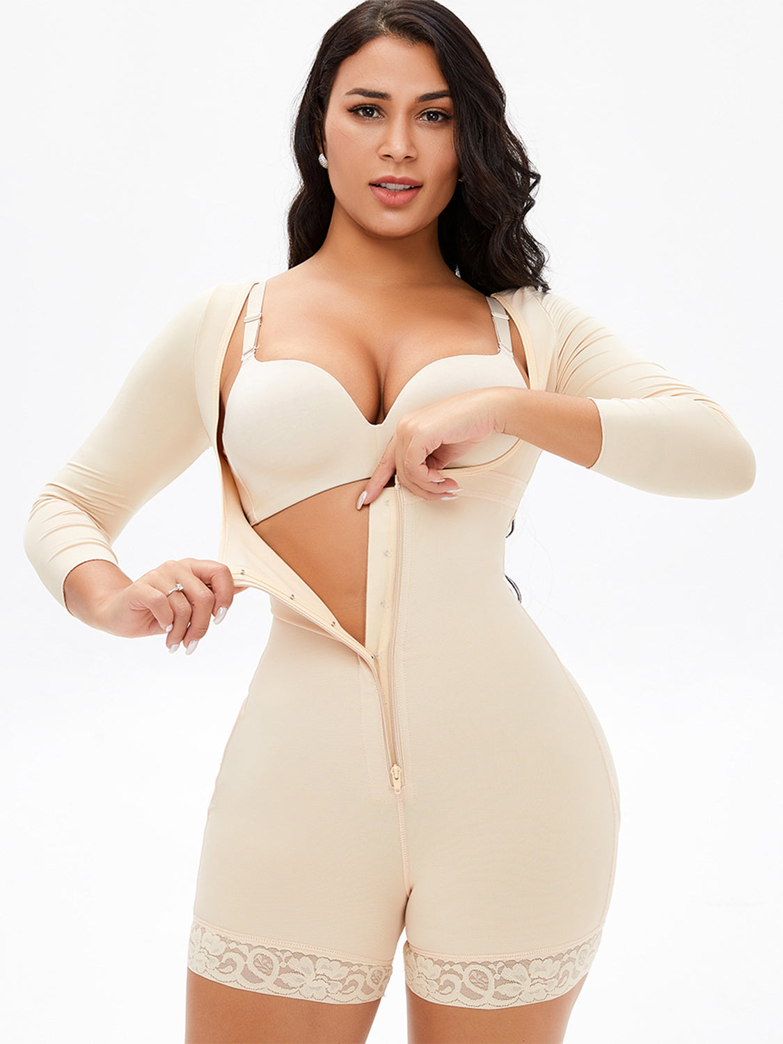Full Size Zip Up Lace Detail Long Sleeve Shapewear (2 Colors up to 6XL)