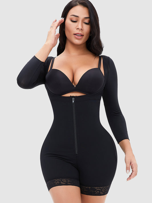 Full Size Zip Up Lace Detail Long Sleeve Shapewear (2 Colors up to 6XL)