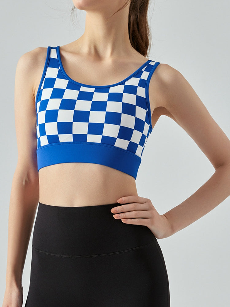 Round Neck Plaid Cropped Sports Tank Top (4 Colors)