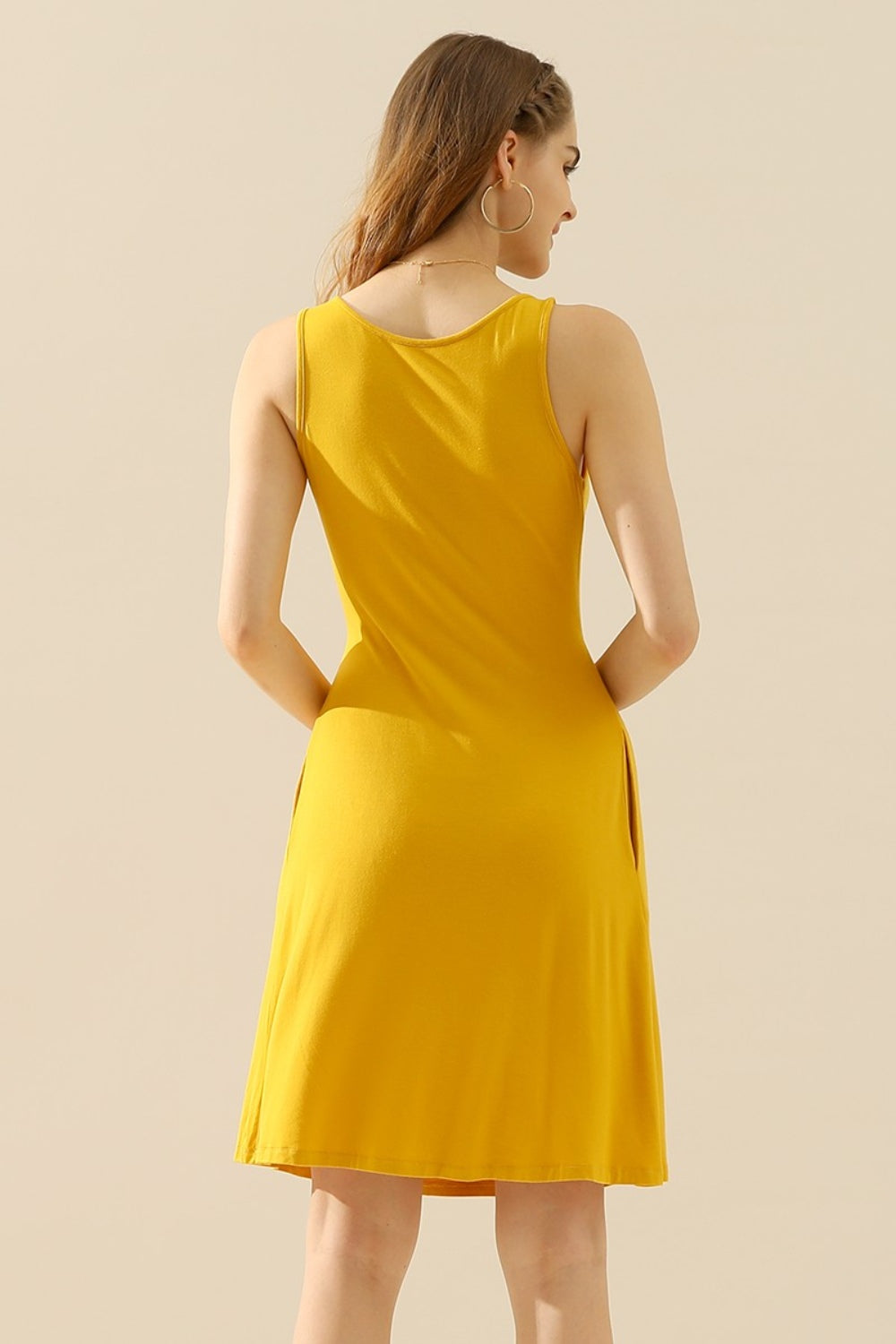 Doublju Full Size Round Neck Ruched Sleeveless Dress with Pockets (10 Colors)