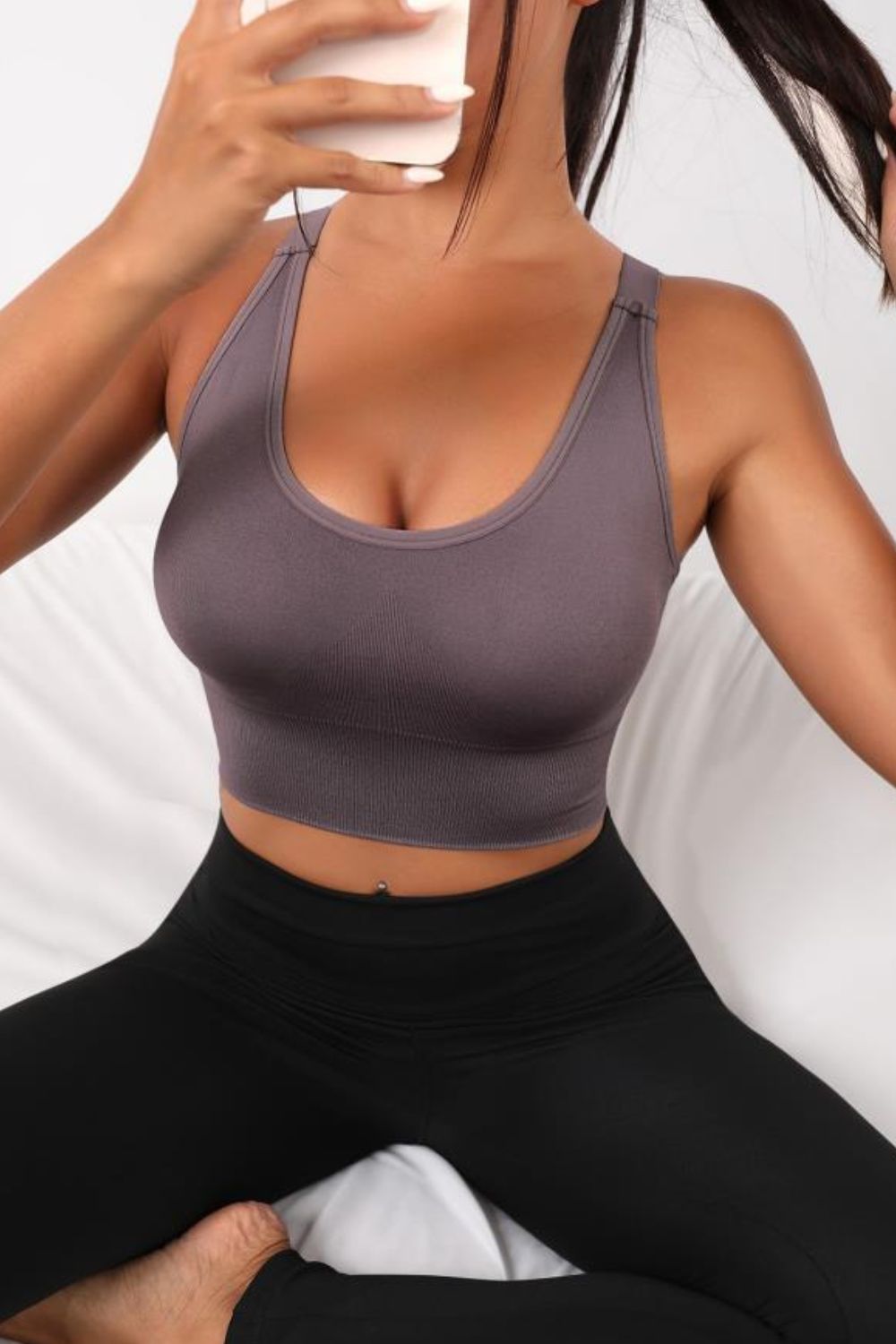 Scoop Neck Long Active Bra in Dusty Purple
