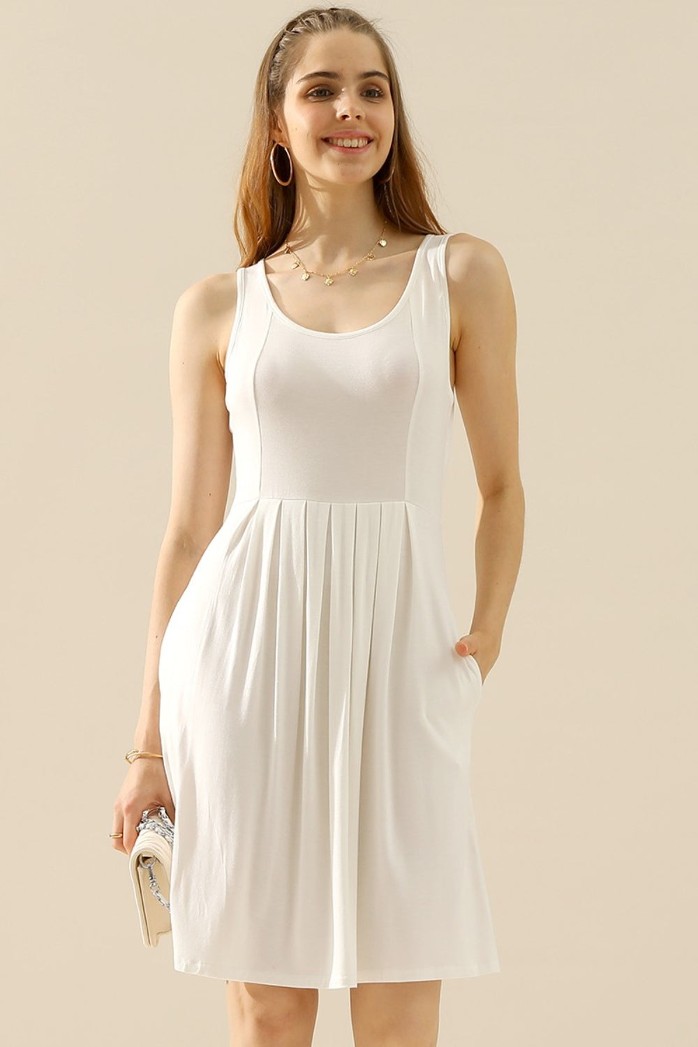 Doublju Full Size Round Neck Ruched Sleeveless Dress with Pockets (10 Colors)