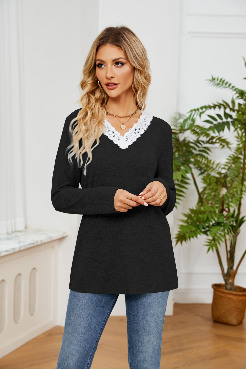 Lace Detailed V Neck Top (6 Colors)