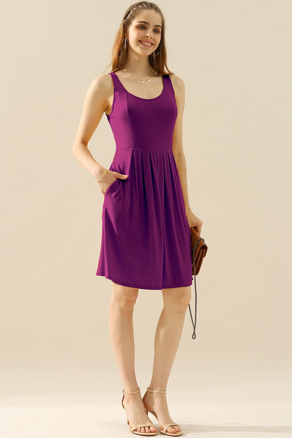 Doublju Full Size Round Neck Ruched Sleeveless Dress with Pockets (10 Colors)