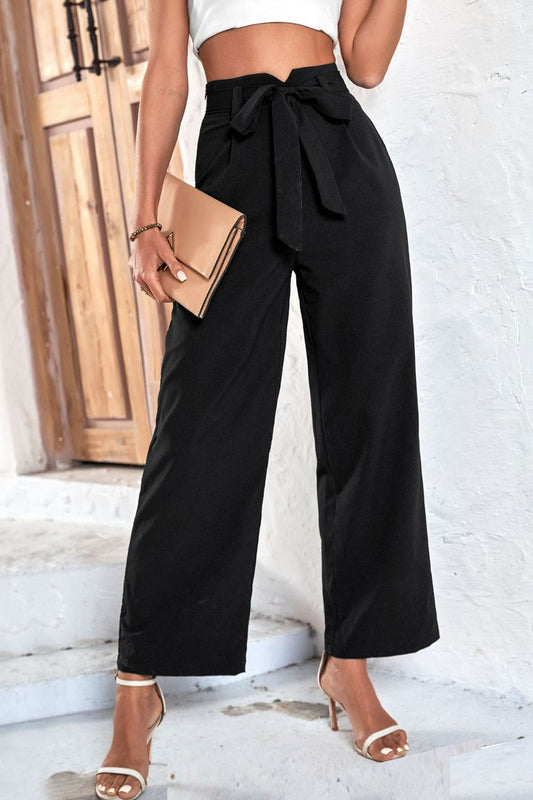 Belted High-Rise Wide Leg Pants in Black