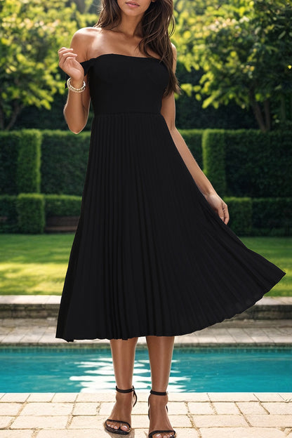 Pleated Off-Shoulder Midi Dress in Black