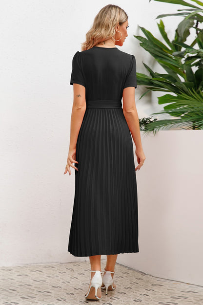 Pleated Surplice Short Sleeve Midi Dress (4 Colors)