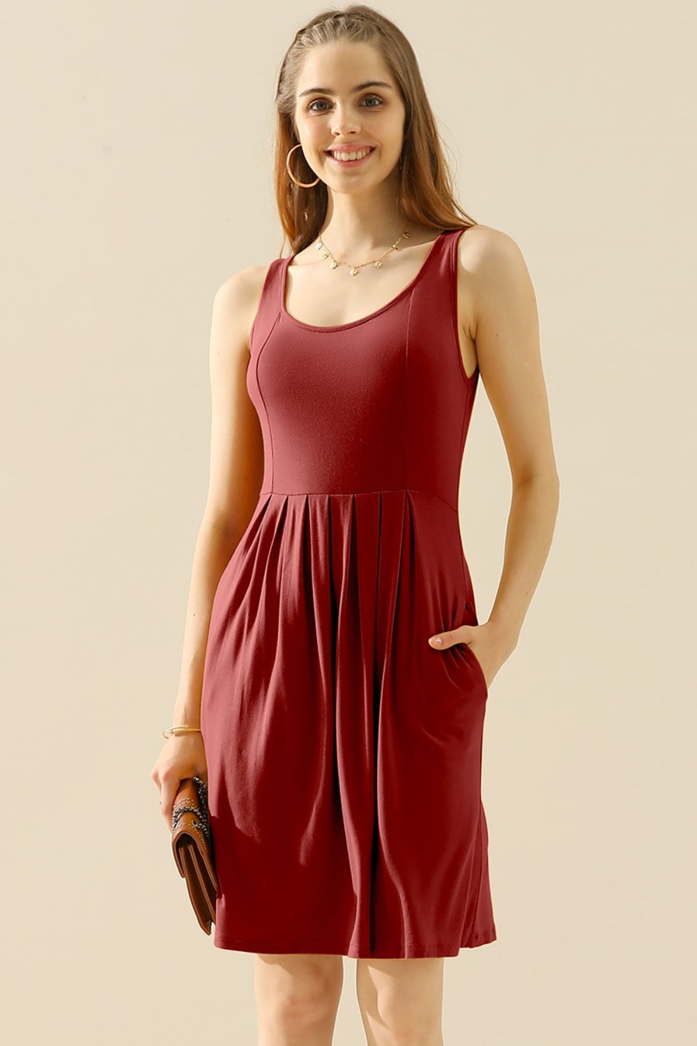 Doublju Full Size Round Neck Ruched Sleeveless Dress with Pockets (10 Colors)