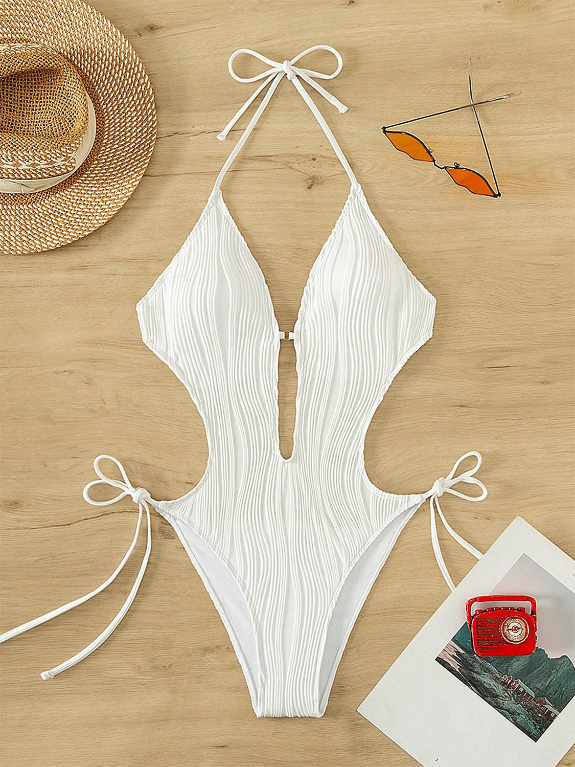 Textured Cutout Tied One-Piece Swimwear (3 Colors)