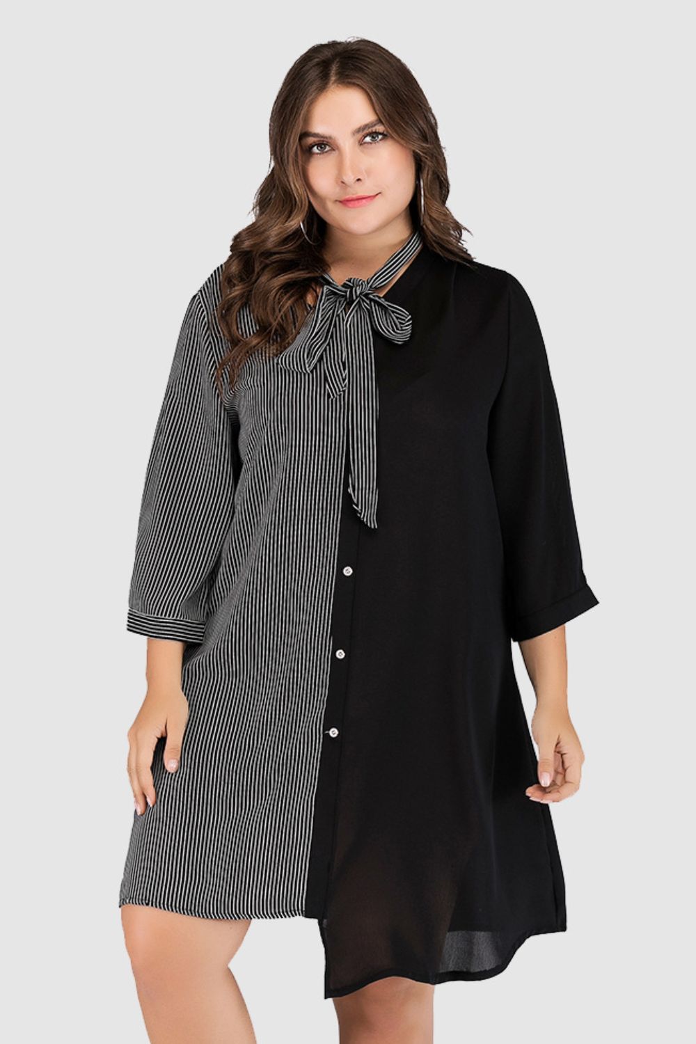 Plus Size Striped Color Block Tie-Neck Dress (up to 5XL)