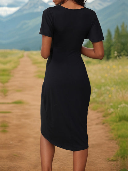 Ruched Surplice Short Sleeve Dress to in Black