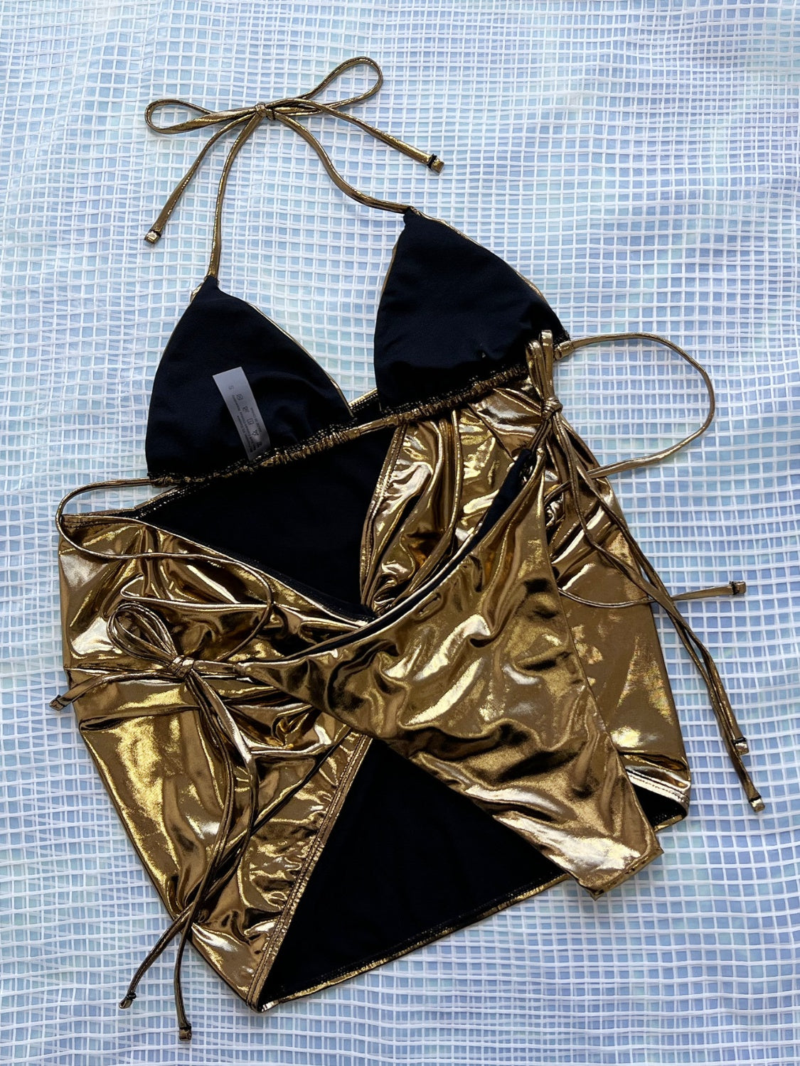 Tied Halter Neck Three-Piece Bikini Set in Gold