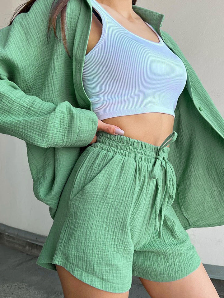 Outfit Set - Textured Shirt and Shorts Set - Mid Green