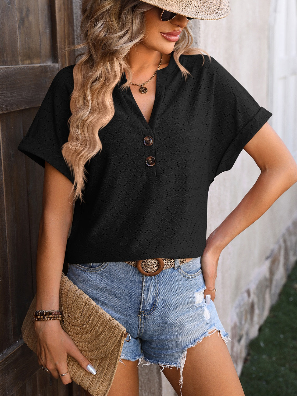 Eyelet Notched Short Sleeve T-Shirt (6 Colors)