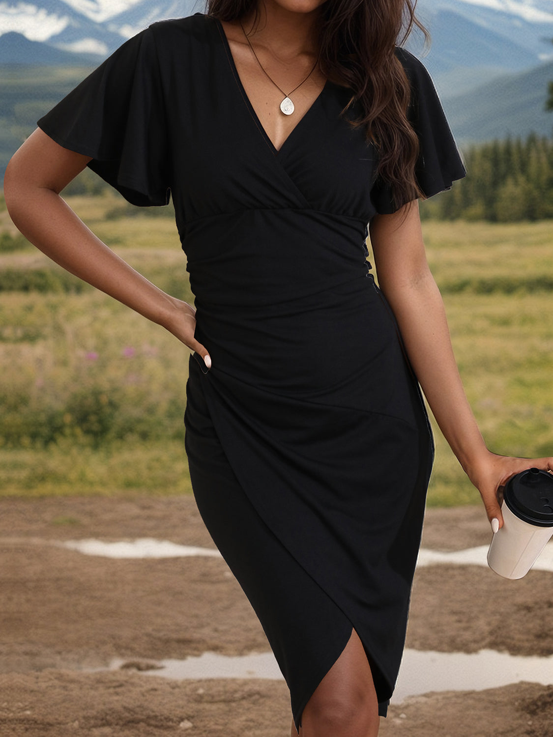 Ruched Surplice Short Sleeve Dress to in Black