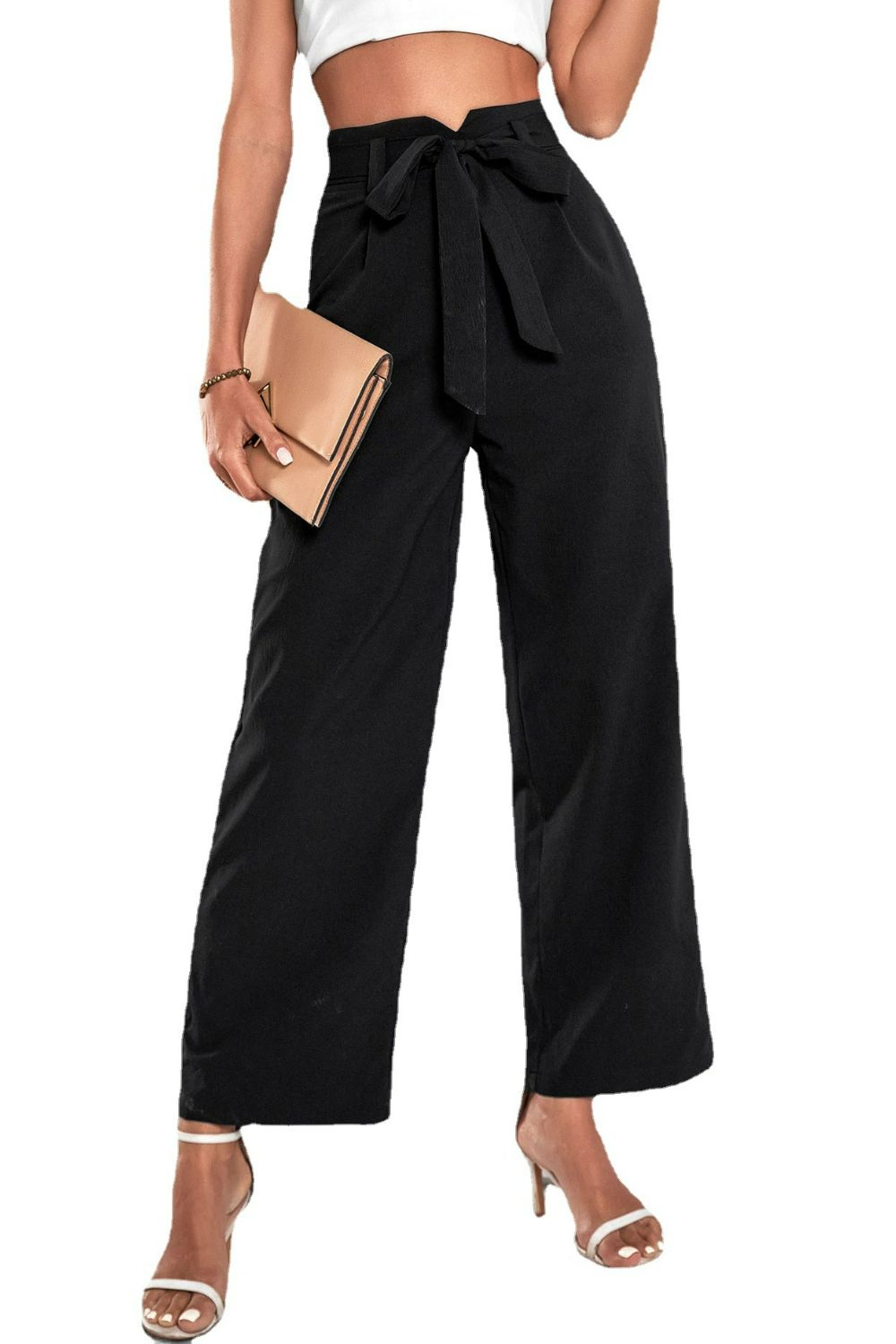 Belted High-Rise Wide Leg Pants in Black