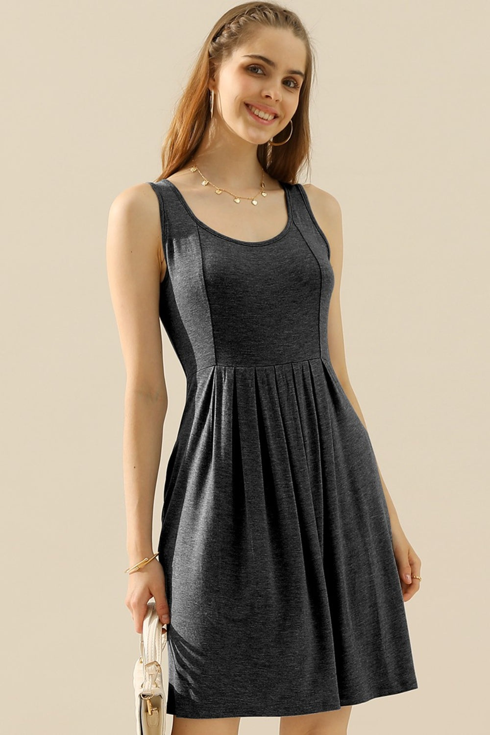 Doublju Full Size Round Neck Ruched Sleeveless Dress with Pockets (10 Colors)