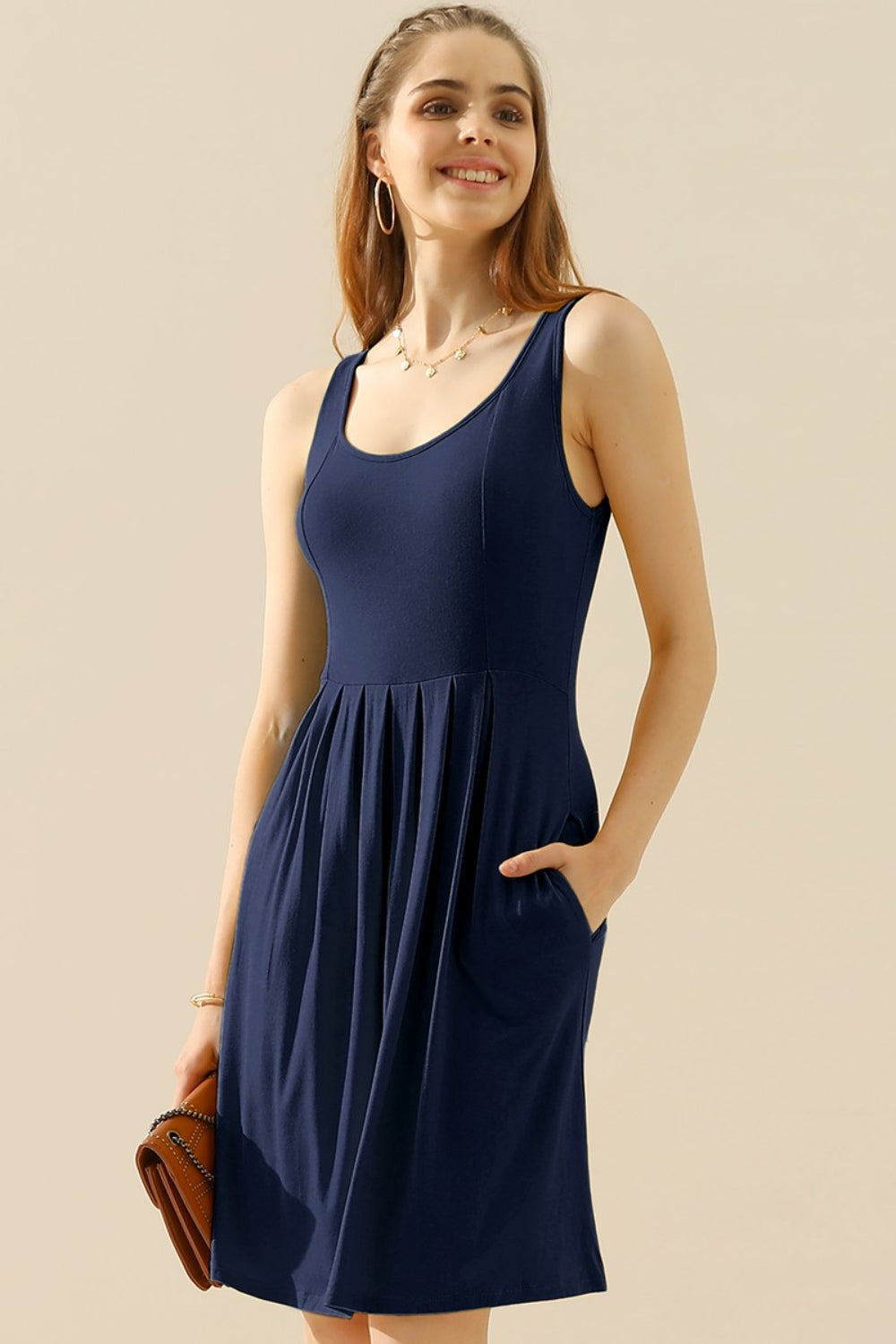 Doublju Full Size Round Neck Ruched Sleeveless Dress with Pockets (10 Colors)