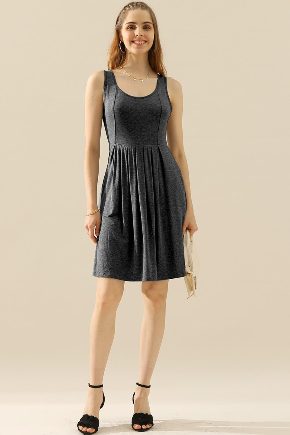 Doublju Full Size Round Neck Ruched Sleeveless Dress with Pockets (10 Colors)