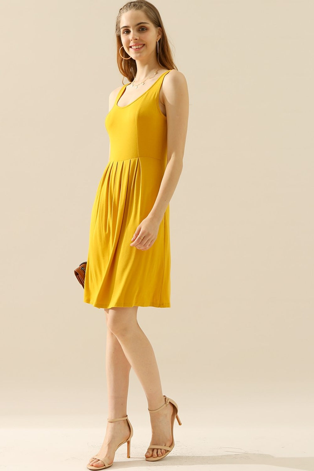 Doublju Full Size Round Neck Ruched Sleeveless Dress with Pockets (10 Colors)
