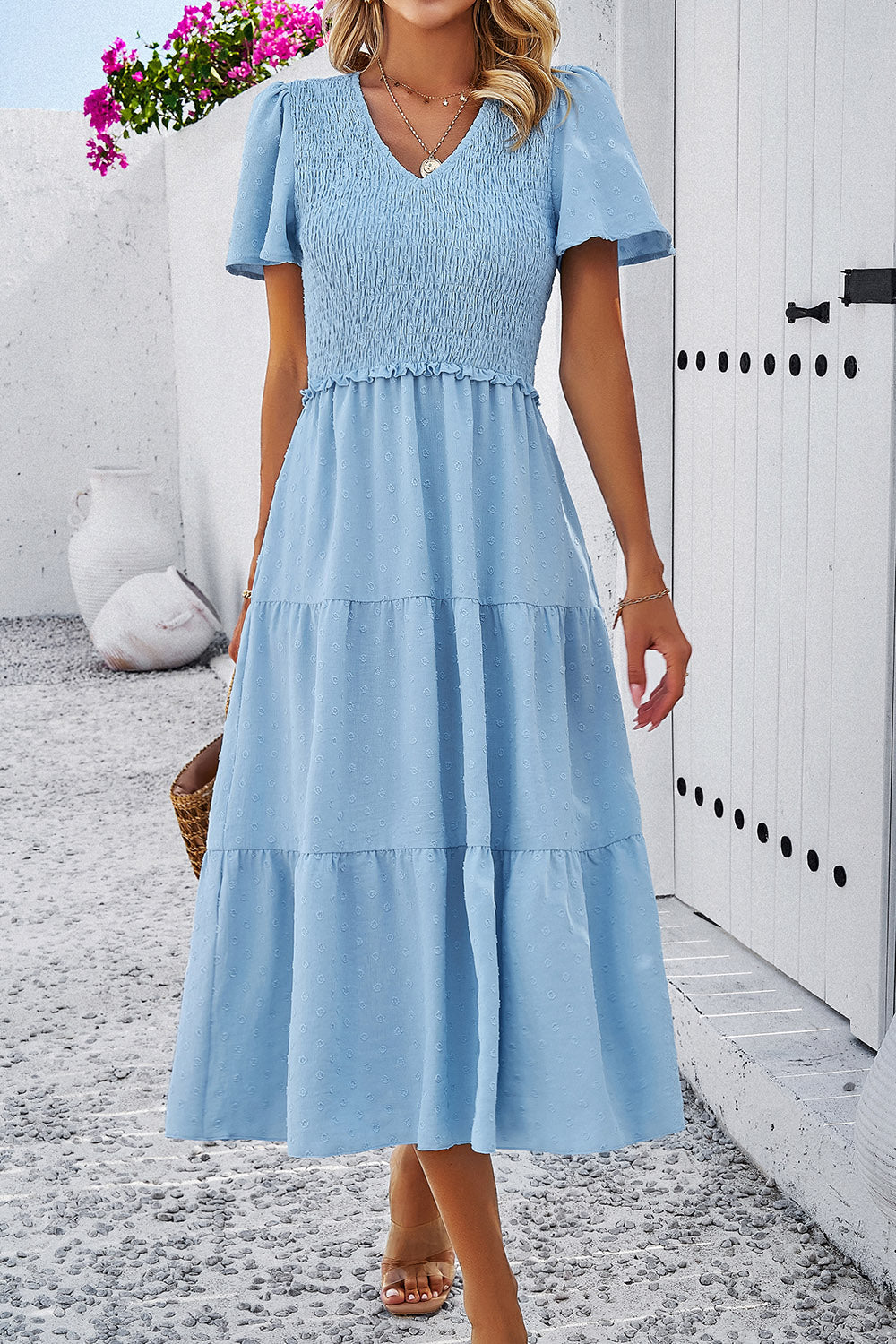 Swiss Dot Short Sleeve Smocked Dress (4 Colors)