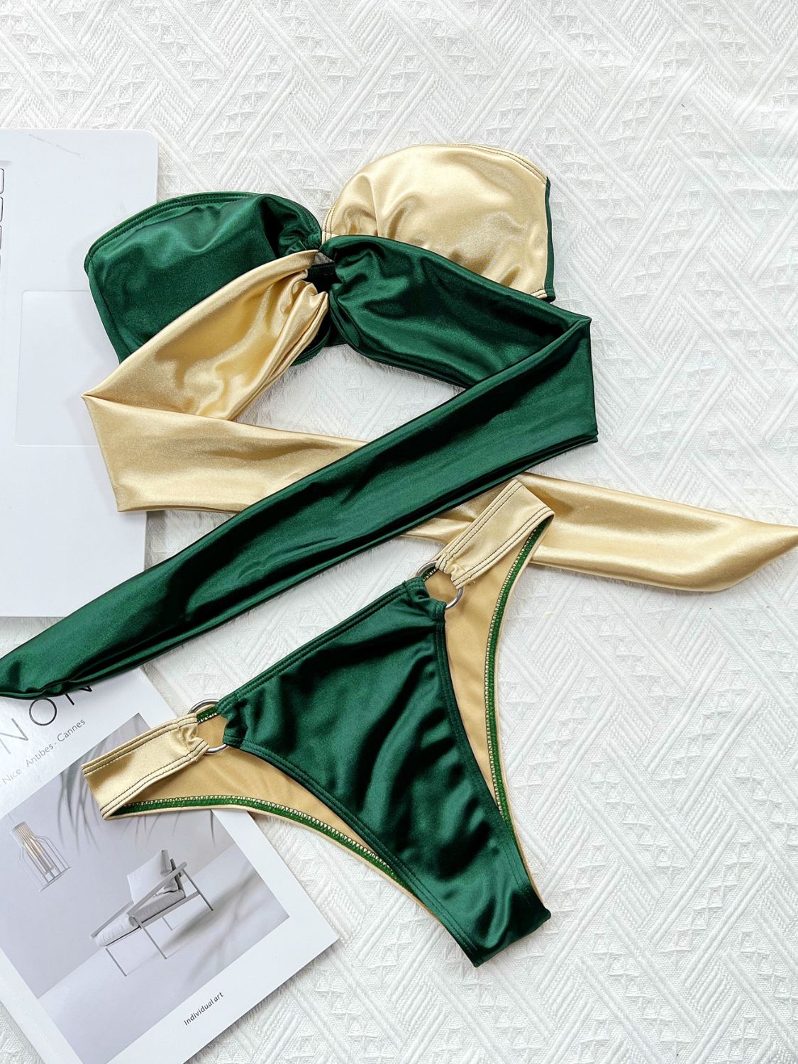 Two-Tone Ring Detail Tied Bikini Set (2 Colors)