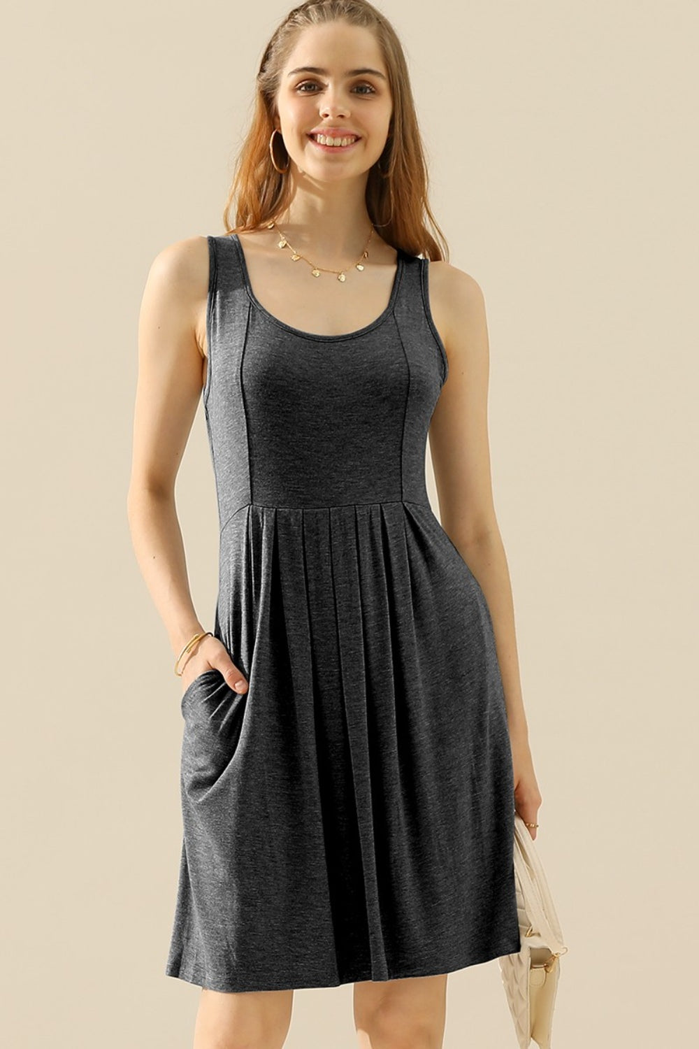 Doublju Full Size Round Neck Ruched Sleeveless Dress with Pockets (10 Colors)