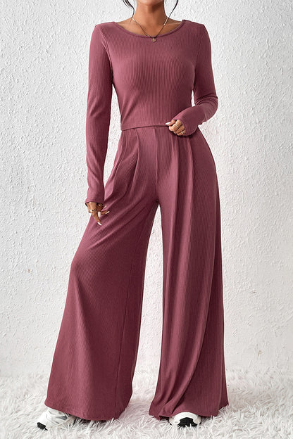 Ribbed Round Neck Top and Wide-Leg Pants Set (3 Colors)